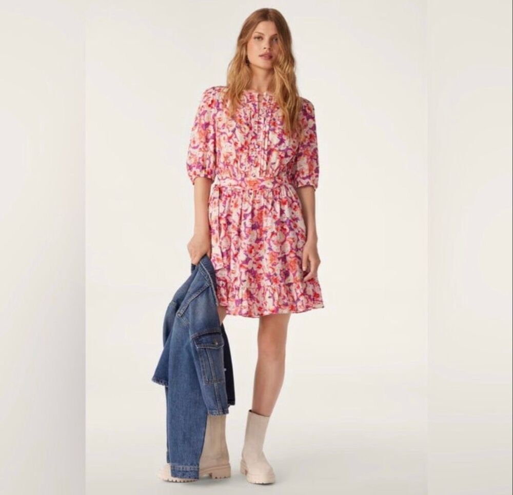 ba&sh Diamond Fuchsia Floral Ruffle Belted Mini Dress Pink Small S
